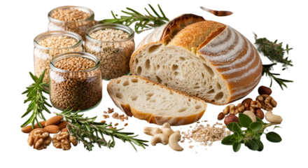 A freshly baked sourdough bread loaf alongside grains nuts and herbs promising a wholesome natural culinary experience