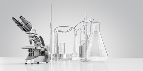 Laboratory equipment with microscope, glassware: glass test tubes, flasks, beakers, light background. Scientific research, medical diagnostics, chemistry, biotechnology. Healthcare, pharmaceutical 3D