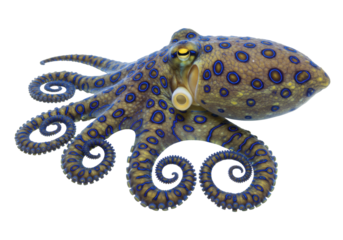Isolated Blue-Ringed Octopus showing its striking coloration as warning of its toxicity