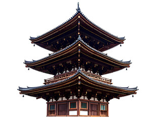 Fototapeta premium Stunning traditional Japanese pagoda with three tiers, intricate wooden details, and gracefully curved roof, isolated on transparent background, PNG