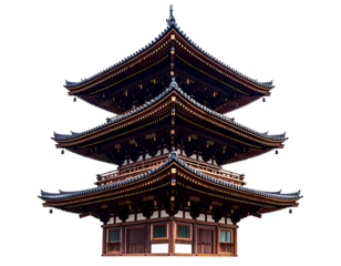 Stunning traditional Japanese pagoda with three tiers, intricate wooden details, and gracefully curved roof, isolated on transparent background, PNG