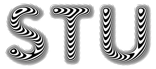 Set of stylized alphabet with smooth reflective lines creates illusion of perfectly polished surface. Letters shaped by soft continuous lines follow the gentle curvature like liquid reflection. Vector