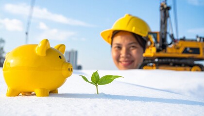 Yellow piggy bank, green sprout, and construction worker with machinery — symbolic blend of finance, sustainability, and development.
