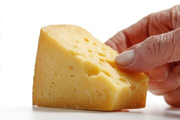 A hand gently touching a triangular piece of cheese