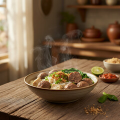 A Bowl of Indonesian Meatball Soup with Vegetables