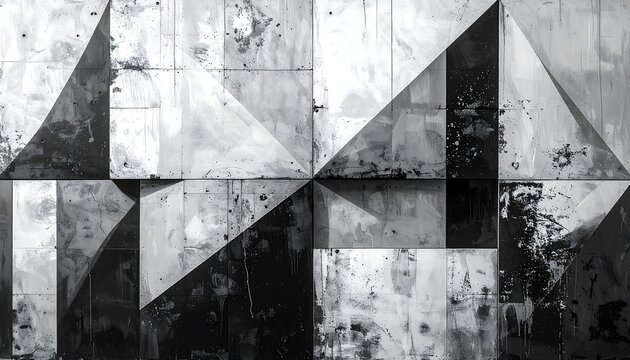 Abstract geometric artwork showcasing metallic panels arranged in a grid, featuring triangular patterns with black and white tones