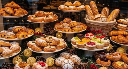 Bakery display pastries bread  festive decor Plates overflow with croissants pain au chocolat fruit tarts  crusty bread adorned with pinecones  lights