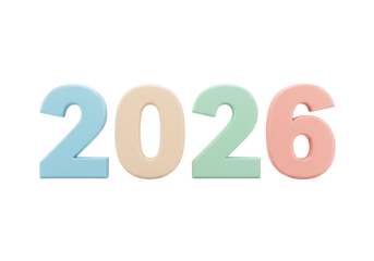 Isolated pastel numbers spell year 2026, two thousand twenty-six, colorful decoration, happy celebration