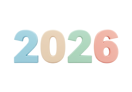 Isolated pastel numbers spell year 2026, two thousand twenty-six, colorful decoration, happy celebration