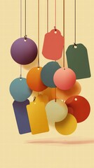 Colorful Tags and Round Baubles Hanging in a Creative Display