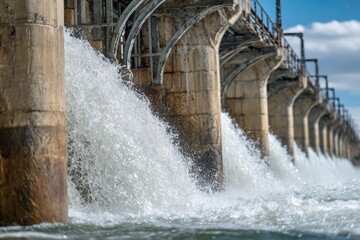 A dam releases water, showing architectural detail, columns, and rushing liquid with sunlight