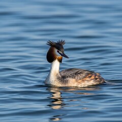 Fototapeta premium A close-up shot of a bird with a distinctive crest and long neck, swimming gracefully on calm water. Captured in natural light