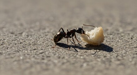 Single Black Ant Carrying a Food Crumb.