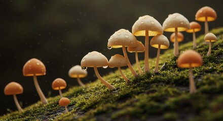Small mushrooms growing on mossy log in forest.