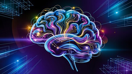 Fototapeta premium Colorful digital brain with glowing neural connections and artificial intelligence concept 