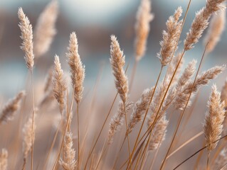 Fototapeta premium Close-up of feathery, beige-toned reeds gently swaying against a blurred, soft background