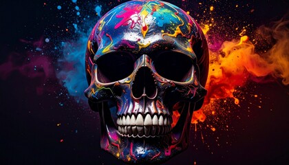 Multicolored skull with vibrant lighting and smoky background — surreal digital art blending macabre and neon fantasy.