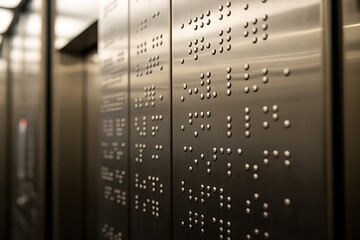 Close up of tactile braille alphabet on modern brushed metal elevator panel, promoting accessibility and inclusivity in public spaces