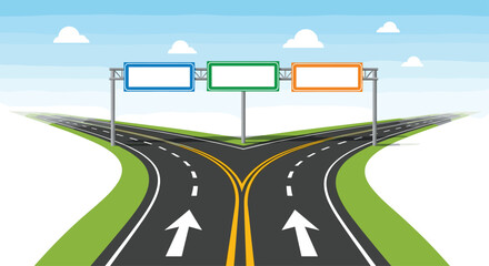Road signs showing choices and direction, representing decisions, options, and pathways forward with space for text, perfect for marketing concepts
