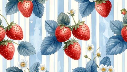 Vibrant Strawberry Pattern with Blue Leaves and Stripes.