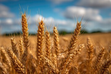 Fototapeta premium Close-up of golden wheat stalks, blurred field, and blue sky with puffy clouds