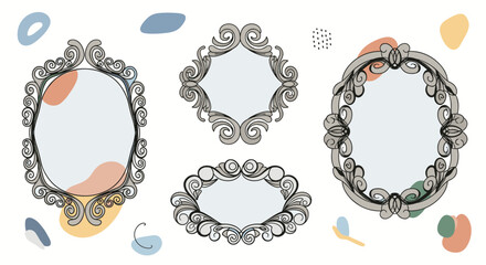 Elegant ornate mirror frames with abstract shapes and soft colors, perfect for design projects, adding artistic flair