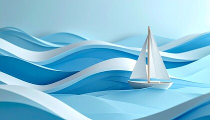 White sailboat on wavy blue and white surface — optical illusion of motion in minimalist nautical scene.