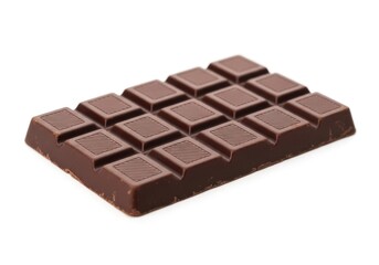 A rectangular dark chocolate bar with scored squares isolated on white background