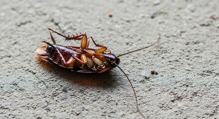 A close-up shot of a dead insect, lying on its back on a rough, gray surface, with detailed legs and antennae