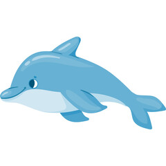 Cute blue cartoon dolphin with a happy expression swimming isolated on a white background