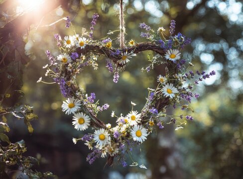 A heart-shaped floral wreath, daisies and lavender, hanging with dappled sunlight