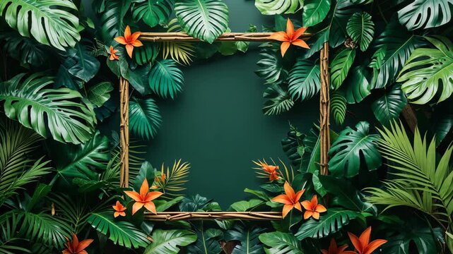 Beautiful Jungle Background with Tropical Leaf Frame and Copy Space