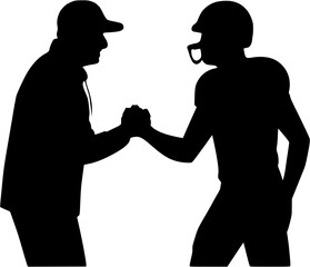 Coach player handshake vector icon showing teamwork and motivation in sports training session