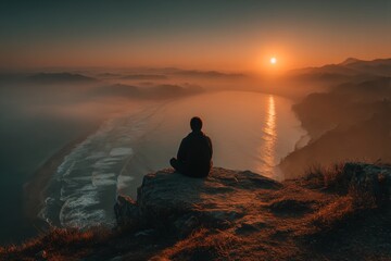 Fototapeta premium calm sunrise meditation scene, person sitting alone in nature on a mountain, ocean water down, peaceful morning