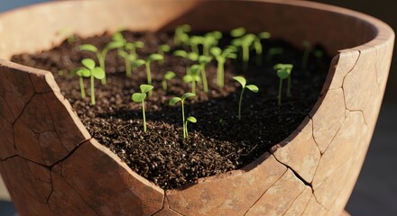 Young plants growing in a broken pot.