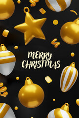 Luxury vertical poster with 3D golden baubles, shiny star, confetti on a black background. Elegant holiday greeting card design Merry Christmas, New Year promotions, invitations, festive campaigns.