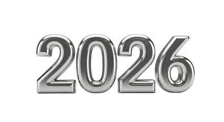 The year 2026 rendered in a shiny, metallic, silver font, isolated on a white background.