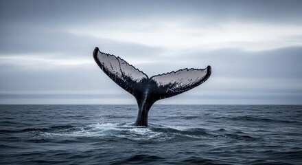 Fototapeta premium Majestic whale tail emerging from ocean waves under cloudy sky