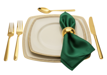 Isolated elegant place setting with gold cutlery and green napkin for fine dining setup