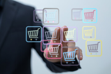 A person selecting online shopping cart icons representing digital e-commerce, shopping experience, and online purchasing with ease. E-commerce,