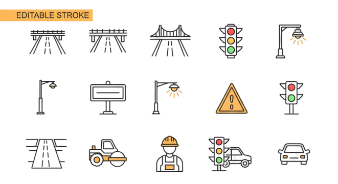 Road infrastructure and traffic icons for design and transportation concepts
