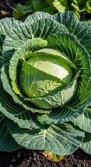 A close-up shot of a healthy, green cabbage plant. Water droplets are visible on the leaves, showing its freshness. It sits in dark soil, ready