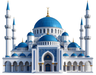 Majestic blue and white mosque architectural marvel in 3D render, Islamic building design isolated on transparent background, PNG