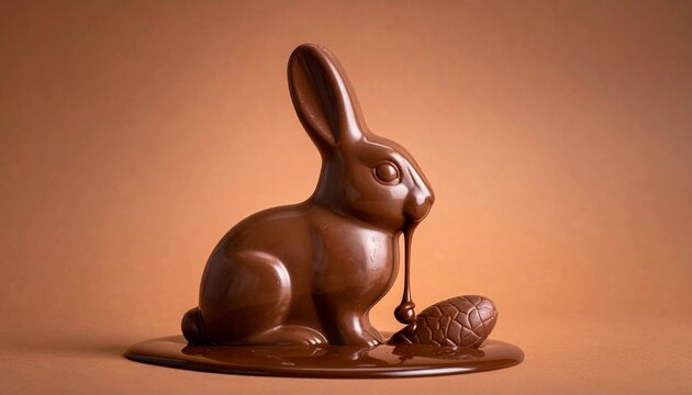 Chocolate rabbit sculpture with dripping string and egg — whimsical confectionery art in warm tones.