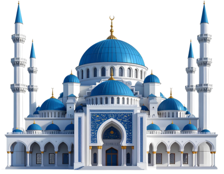 Majestic blue and white mosque architectural marvel in 3D render, Islamic building design isolated on transparent background, PNG