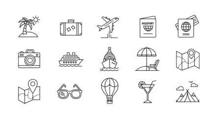 Travel and adventure icons for vacation planning and exploration designs