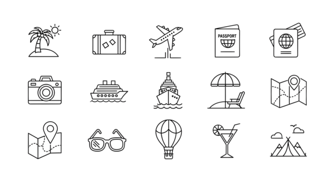 Travel and adventure icons for vacation planning and exploration designs