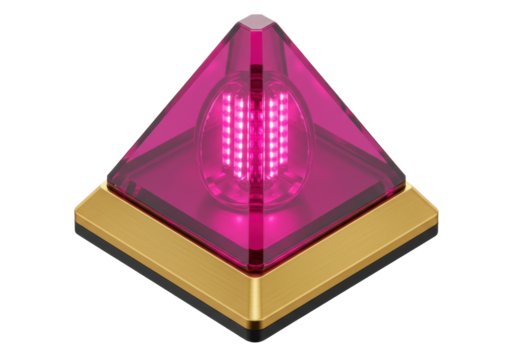 Isolated pyramid-shaped LED nightlight with gold accent atop a solid flat base on simple set