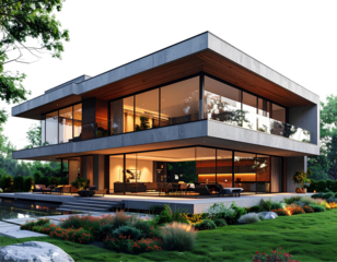 Breathtaking modern architectural home with sleek lines, large glass walls, and natural blend of wood and concrete, isolated on transparent background, PNG