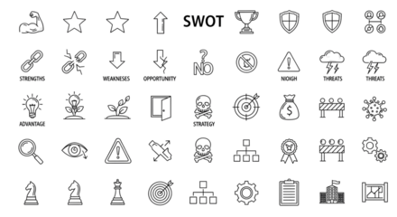 SWOT analysis icons for business strategy and planning on black background